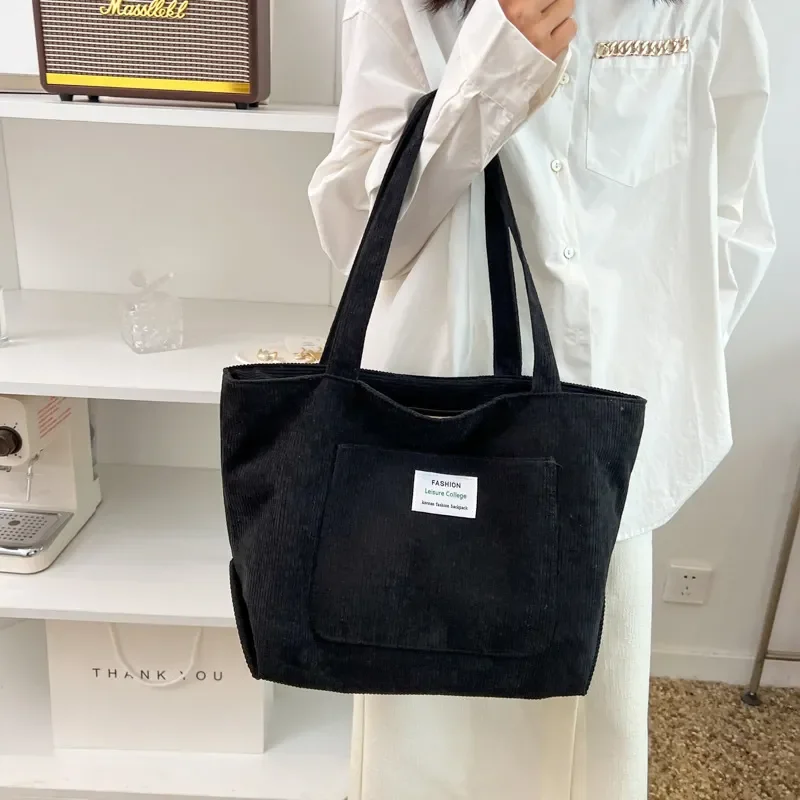 Hot Selling Fashion Reusable Large Capacity Zipper Shoulder Women Corduroy Tote Bag