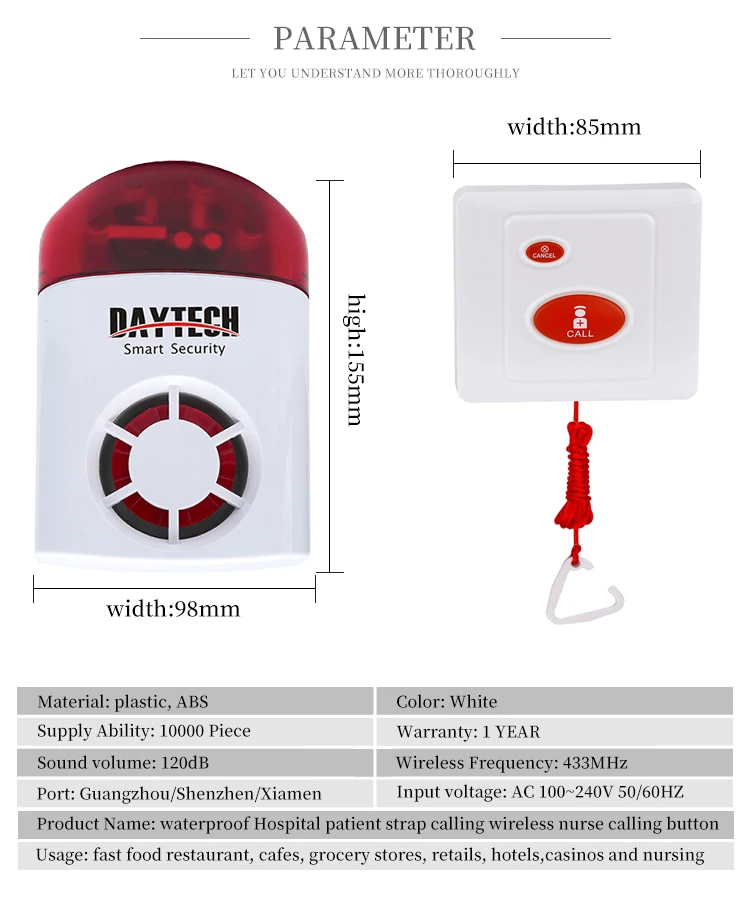Daytech JH003 1-1 Waterproof Call Button Wireless SOS Emergency Alarm For Elderly Personal Attention 433Mhz