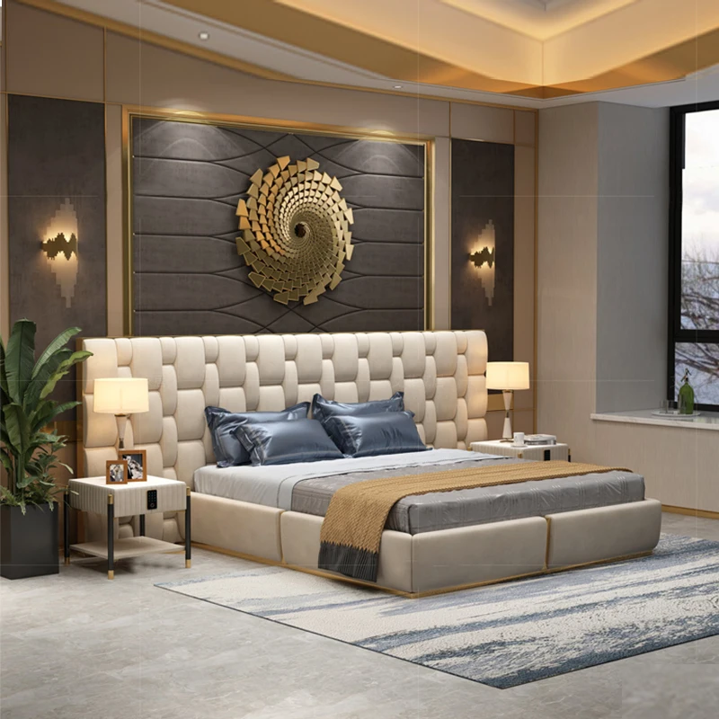 Modern large double king bed frame luxury master bed set bedroom furniture on sale