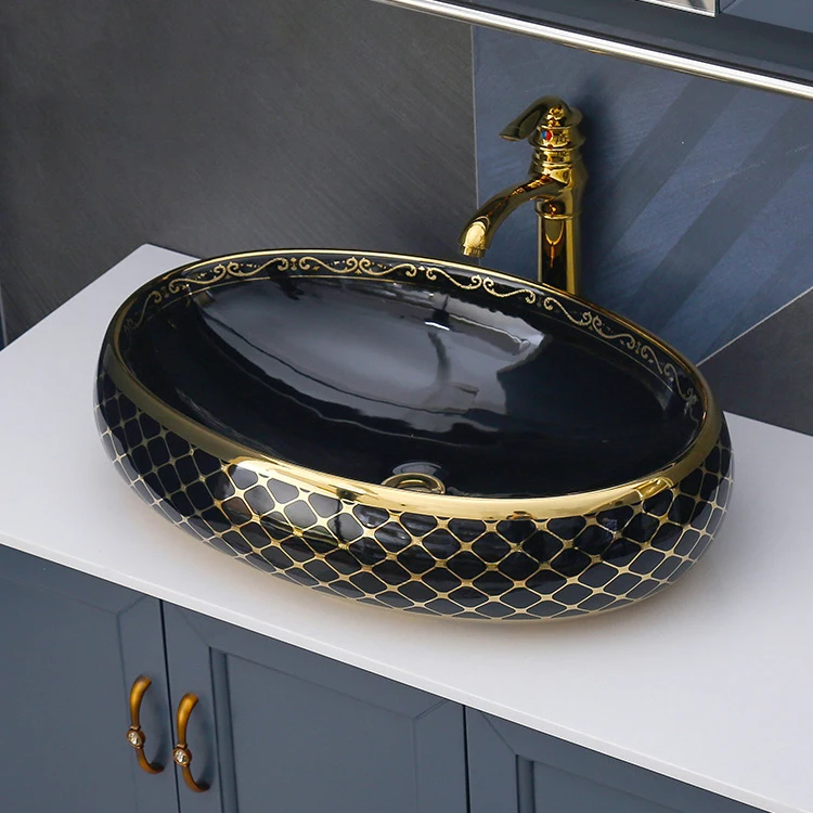 Luxury Royal Vintage Colour Washbasin Countertop Ceramic Toilet Art Basin Bathroom Sink Gold and Black Hand Wash for