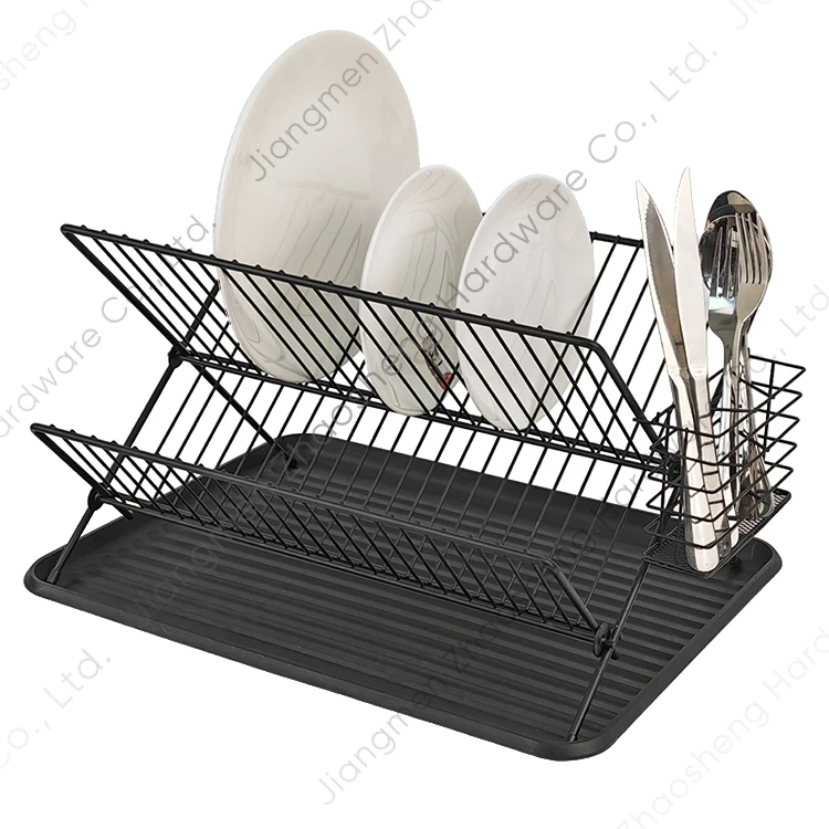 Dish Organizer Kitchen Counter Storage Shelf Bowl Holder Steel Dish Drying Rack 2 Layer Plate Rack Foldable Dish Drainer