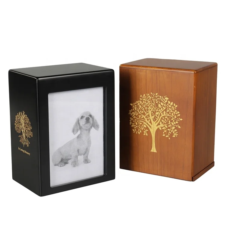 ODM/ OEM Matte Black MDF Wooden Urn Box Picture with Lid Custom Logo Wood Funeral Urns