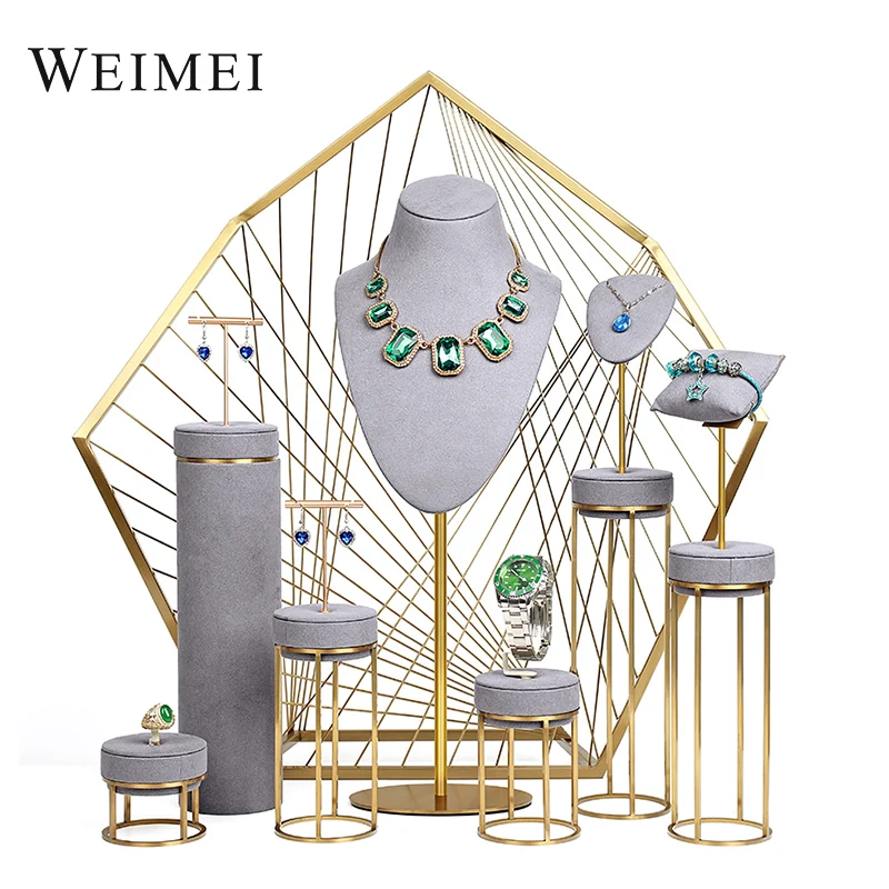 Weimei Beige microfiber and metal Jewelry Stand For Counter Showcase Ring Bust Necklace Bangle Bracelet Jewelry Display