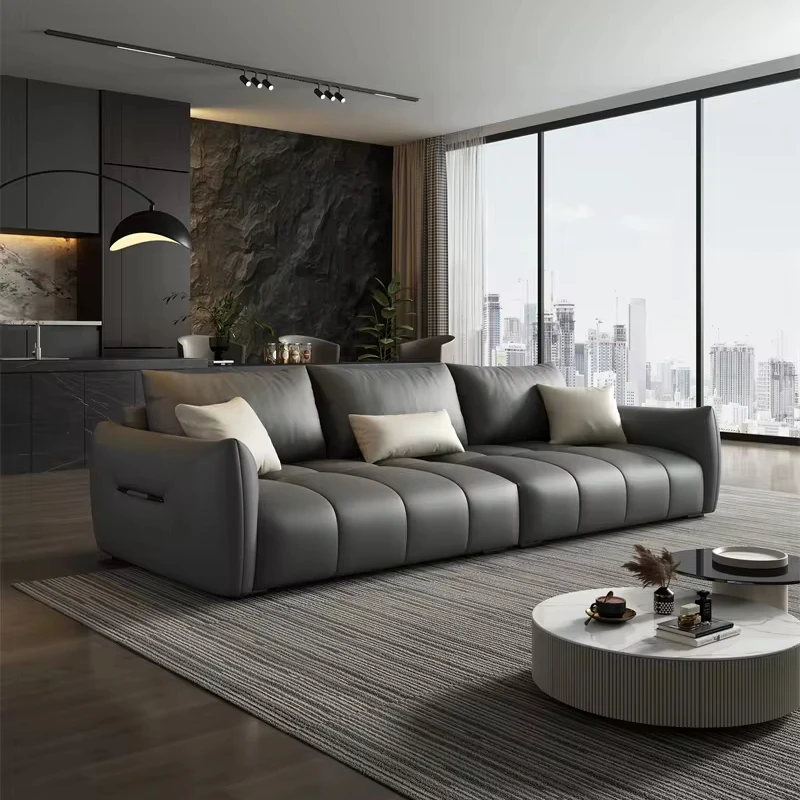 Luxury Grey Italian Furniture Lounge Lobby Hotel Office Living Room 6 Seats Modular Sectional Genuine Leather Small Sofa Set