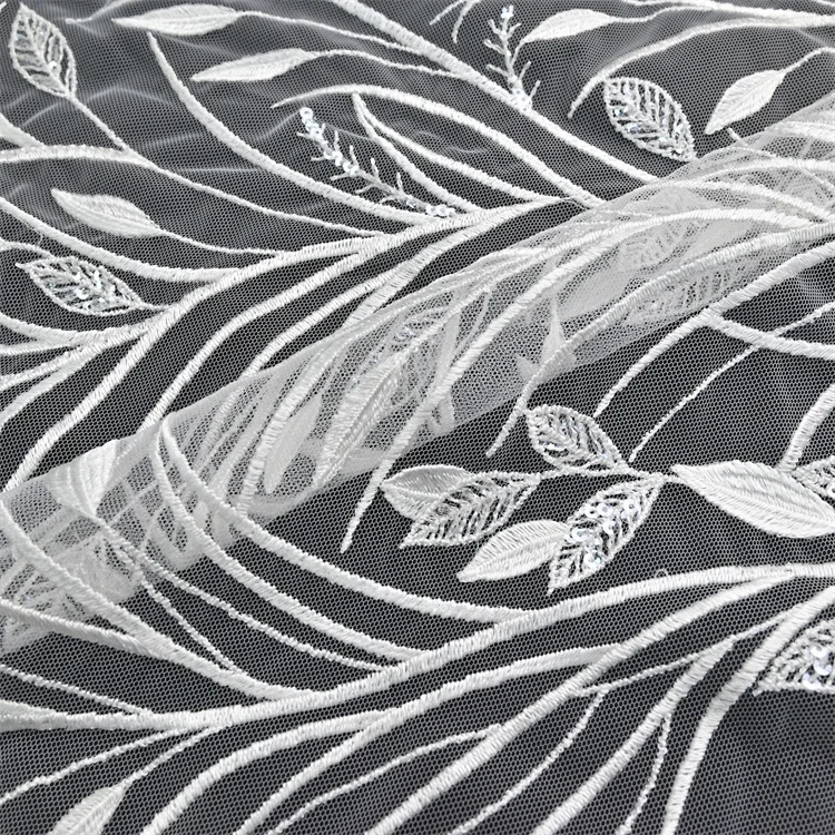 Leaf Branch Colour Custom Bridal Sexy Ivory White Exquisite Wedding Dress Design Sequin Tulle  Embroidery Lace Fabric
