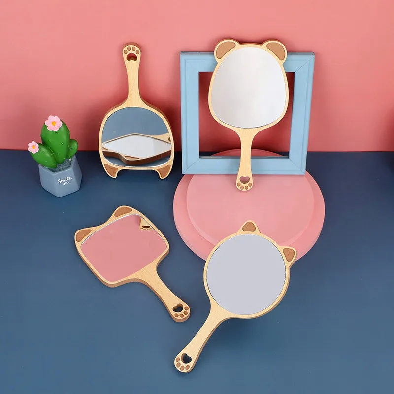 New Animal Shape Makeup Mirror Wood Handle Cosmetic Hand Pocket Mirror High Clear Glass Cat Dog Bear Ear Mirror
