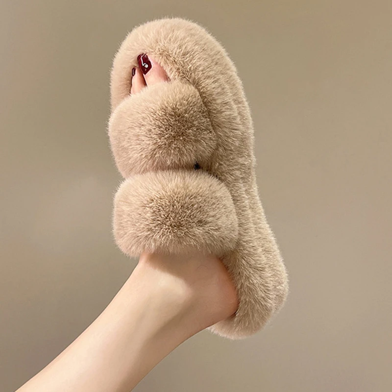 2022 New Soft Plush Furry Open Toe Imitated Rabbit Fur Slides Fuzzy Fluffy House Indoor Shaggy Slippers For Women