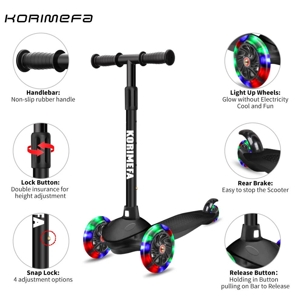 
Korimefa Scooter for Kids Toddlers Scooters 3 Wheels Kick Scooter Lean to Steer with PU Flashing Wheels 