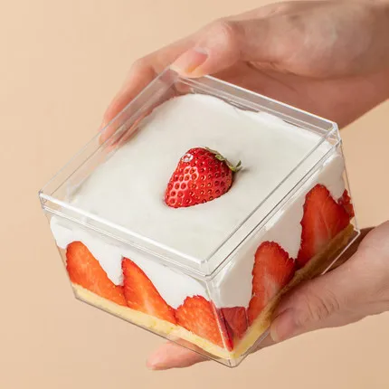 Popular transparent square PS plastic tiramisu dessert storage container pastry packaging box with lid (1600228341383)