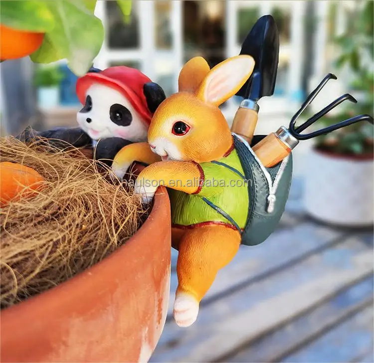 Creative Panda Rabbit Flower Pot Ornaments Custom Simulation Small Animal Resin Statue Garden Decoration Cute Style Courtyard