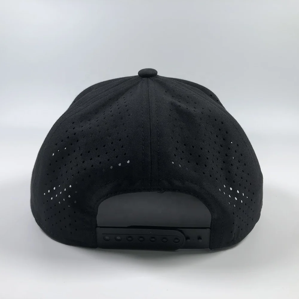 OEM popular polyester A frame laser cutting breathable golf snapback hat with rope custom 5 panel rubber pvc logo baseball cap