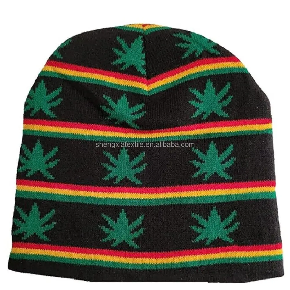 weed pot 420 leaf green rasta black beanie