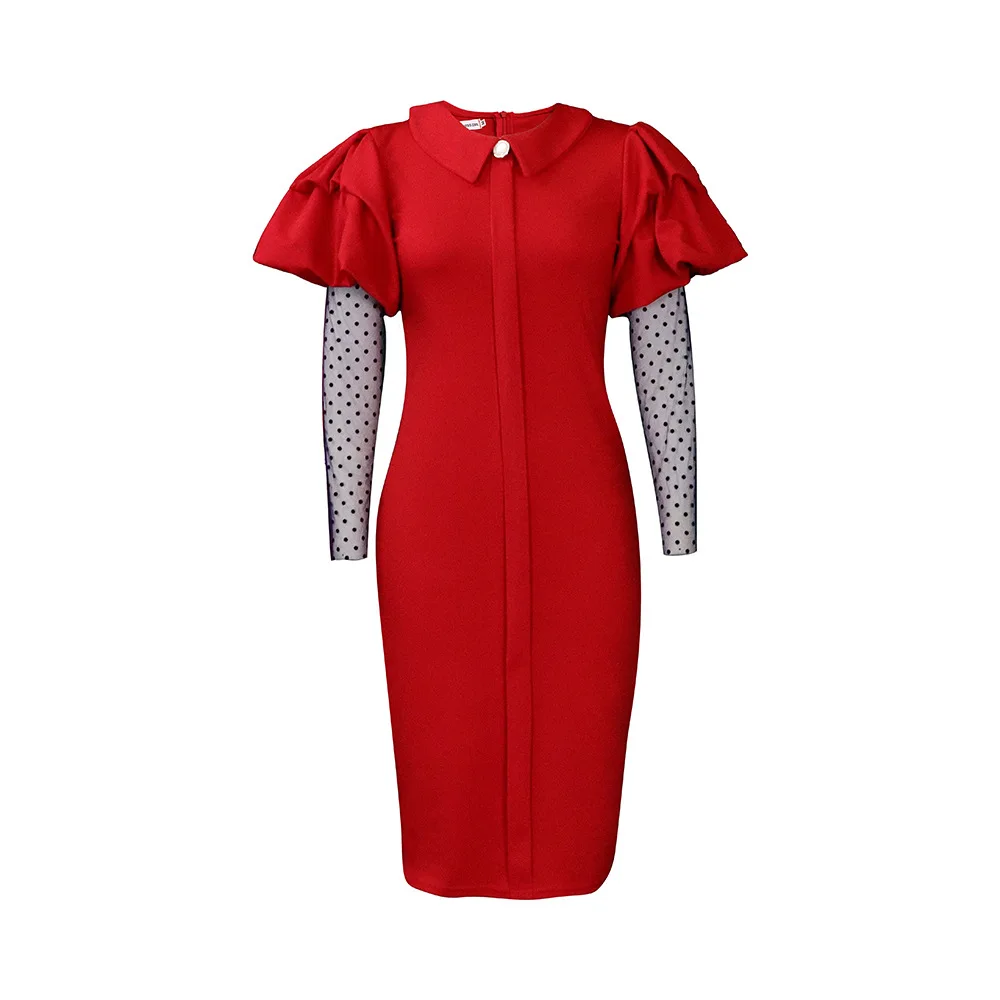 Women Formal New Style Lapel Slim Career Dresses Ruched Mesh Sleeves Elegant Ladies Office Plus Size Pleated Pencil Dress