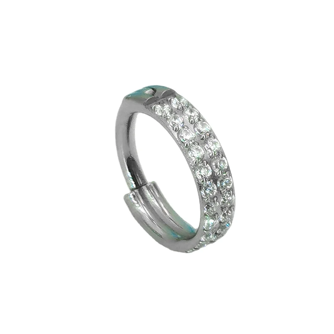 Calendo Wholesale Classic ASTM F136 Titanium  High Polished 2 Layers CZ Paved Side Segment Ring Piercing Earring  Jewelry
