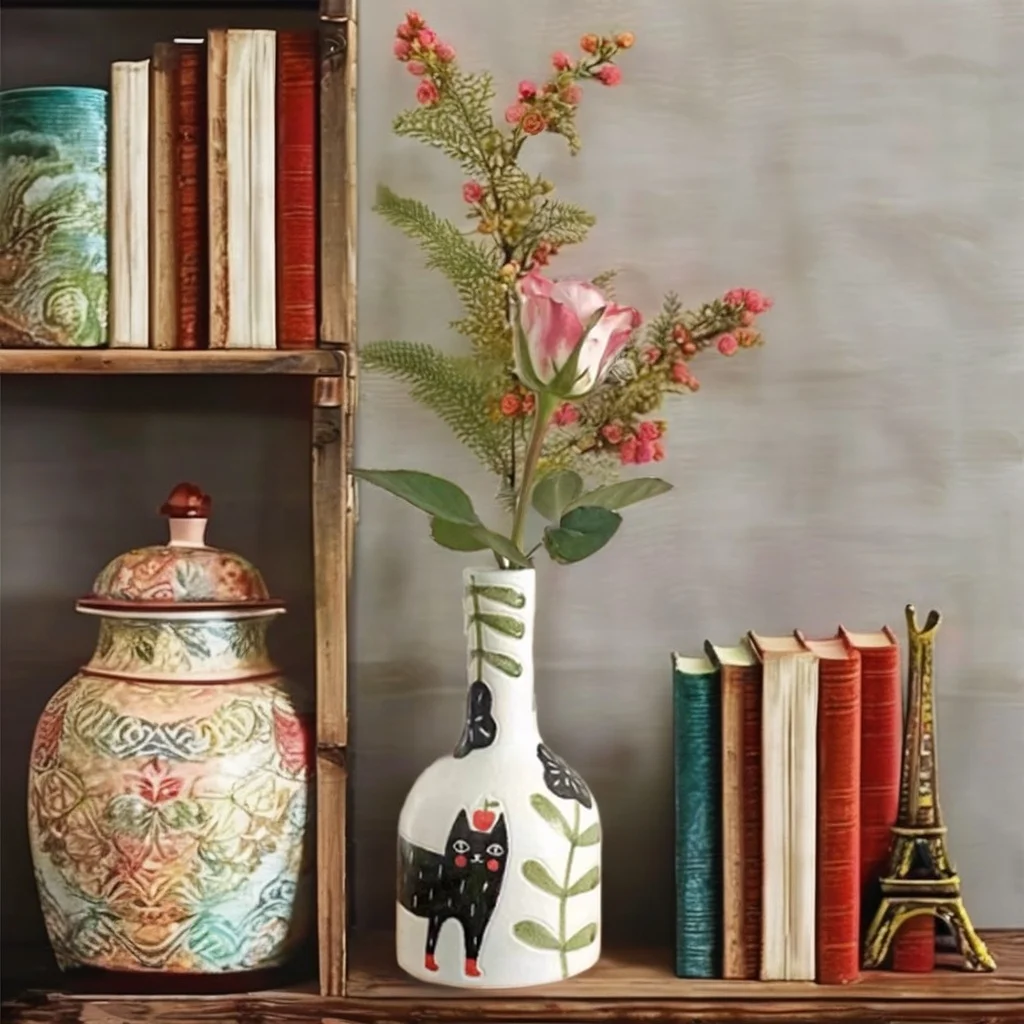 Hand-painted Cat Ceramic Vase Arrangement New House Decoration French High-end Retro Living Room Flower Art Deco Decorative