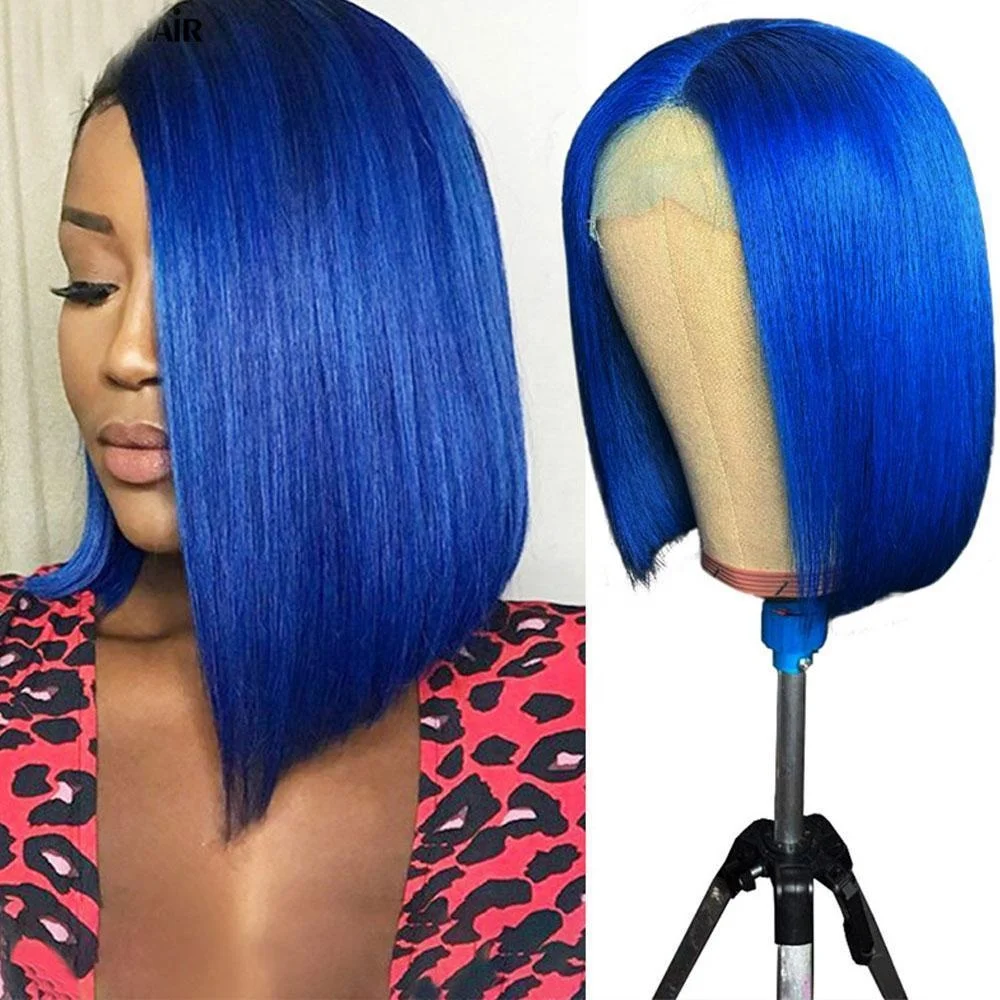 Blue Color Peruvian Virgin Human Hair Short Cosplay Bob Lace Wigs Preplucked Human Hair Wig