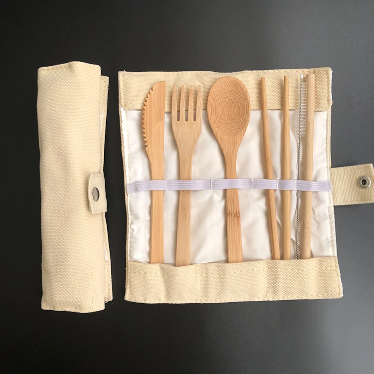 Bamboo Straw Toothbrush Spoon Fork Knife Travel Travel Utensils Wooden Disposable Bamboo Cutlery Set with Cotton Pouch