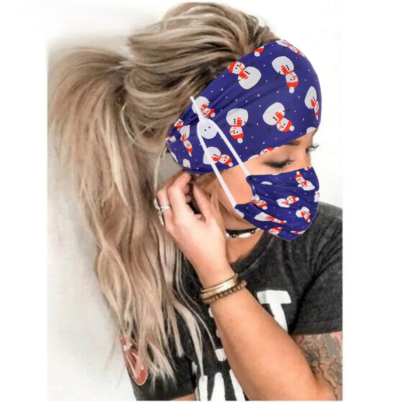 
hot selling new button ear protect elastic hair band American style Halloween Christmas Printing headband mask set 