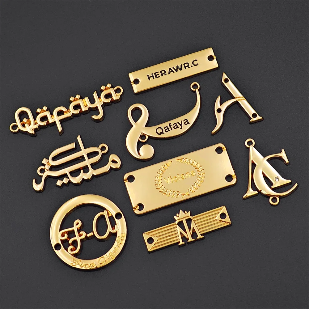 Costume embossed name abaya design metal clothing custom brand plate metal tags handbag metal label logo for clothes clothing
