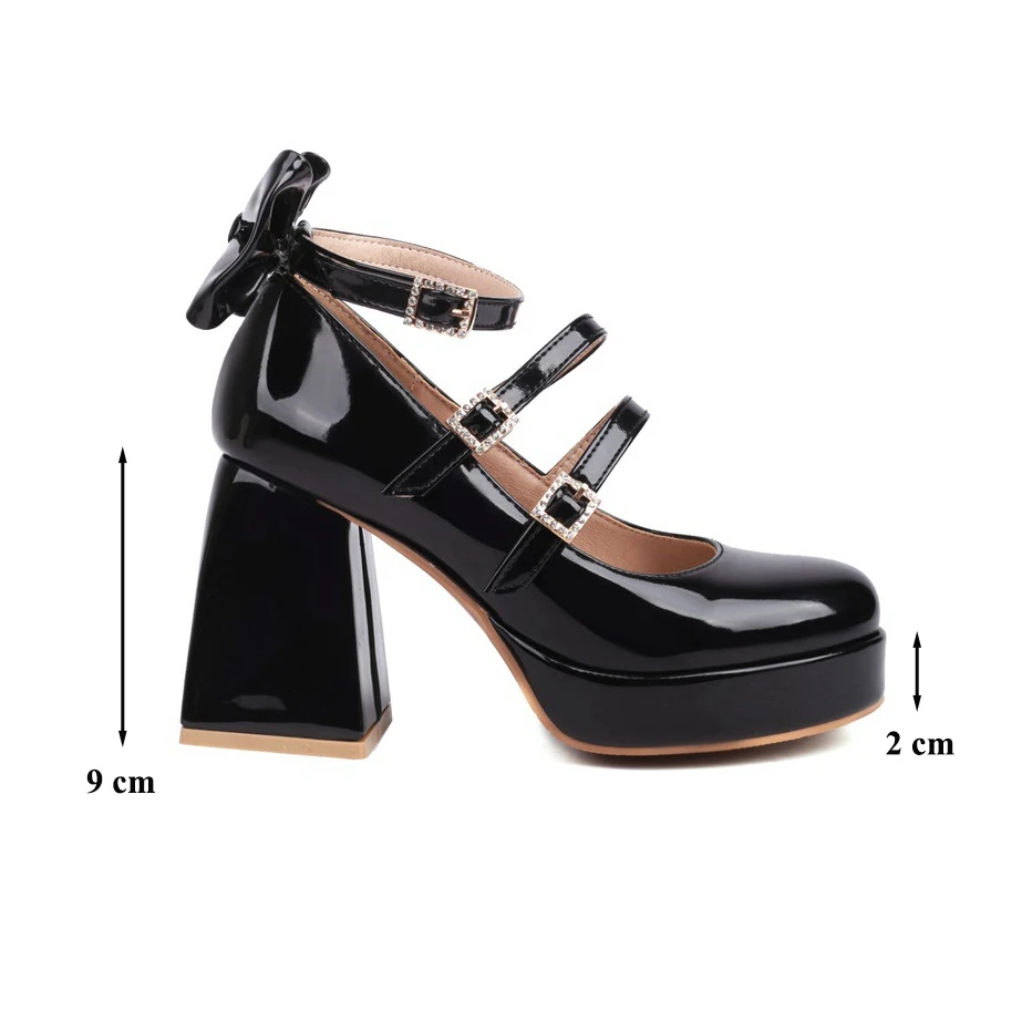 Zapatos de Mujer Size 46 Party Women 9 cm Sissy Lolita Lace Strap Bowknot Student Shoes Square Chunky Medium High Heel Pumps