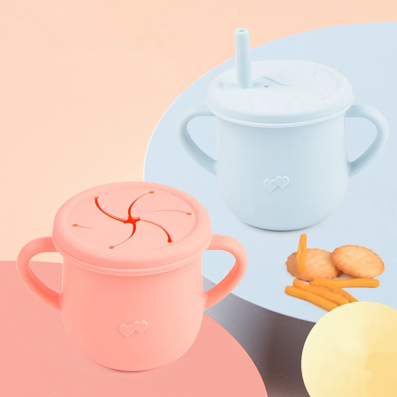 Hot Sale Design Training Silicone Baby Toddler Spill Proof 2in1 Sippy Snack Cup With Level Indicator