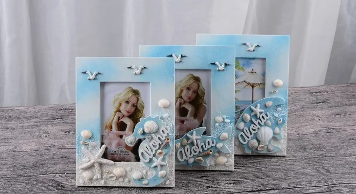 Custom logo tourist souvenir ocean beach design shell wood photo frame