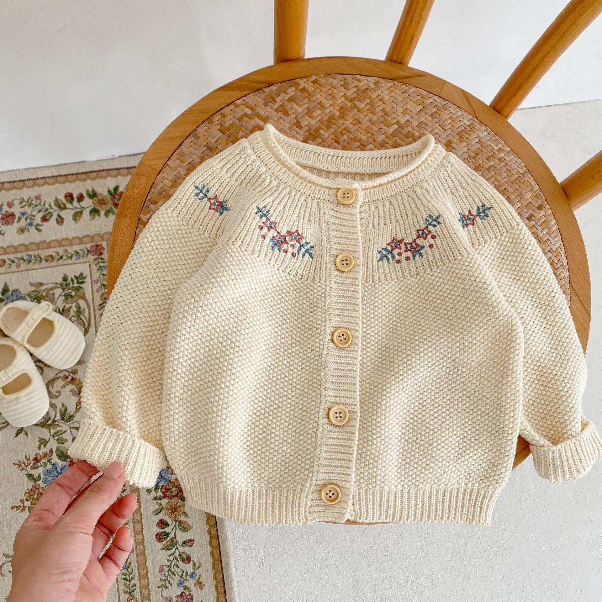 2022 spring and autumn infant sweet knitted cardigan outerwear 100% cotton baby embroidered long sleeve sweater baby coats