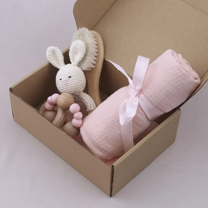 New Born Baby Gift Bracelet Set Crochet Rabbit Wood teethers Teething ring Toy Soft Hair Comb Grasping Holder With Blanket Set