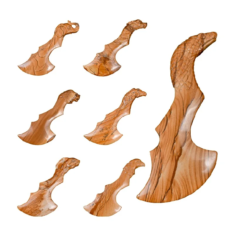 Picture Jasper Stone Knife Shape Jade Guasha Facial Skincare Massage Tool Custom Logo Face Gua Sha Board With Animal Head Statue