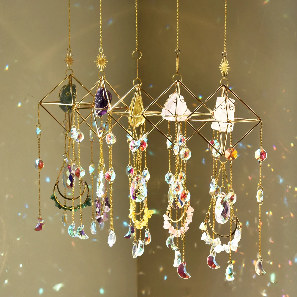 Natural Quartz Crystal Wall Hanging Rainbow Maker Wind Chime Sun Catchers Prism Outdoor Home Decor Teen Girls