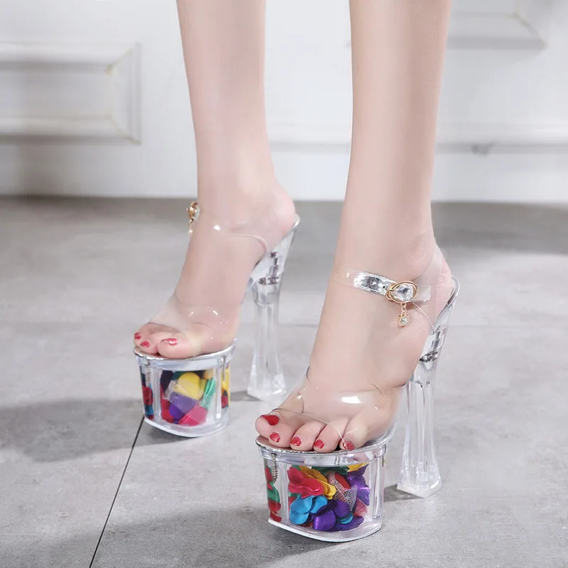 Dropshipping 2023 Women Plastic Transparent Dancing Pole Shoes For Plus Size 43 Ladies Strange Style 20cm Block High Heels