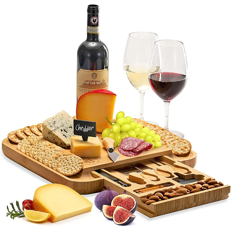 Nature eco friendly Bamboo cheese board with Sliding tray wooden cheese board and knife sets with cheese  for kitchen use