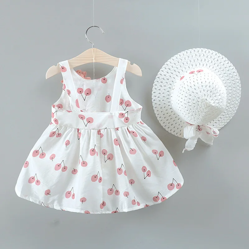 Hot Sale Boutique Cartoon Fancy Sleeveless Dresses Baby Dress Baby Girls Clothing Sets With Hat kids summer clothing