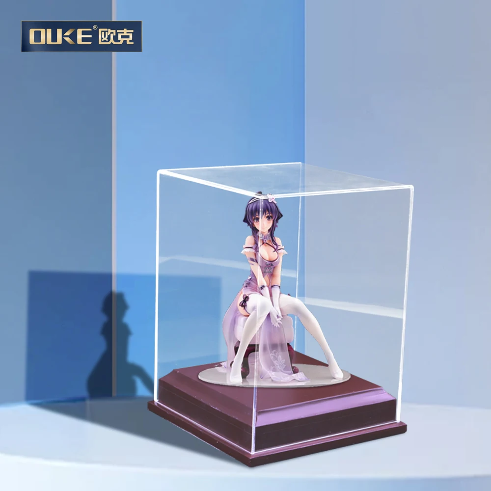 Custom multi-function acrylic box acrylic toy display box with wood base square handcraft acrylic display stand box