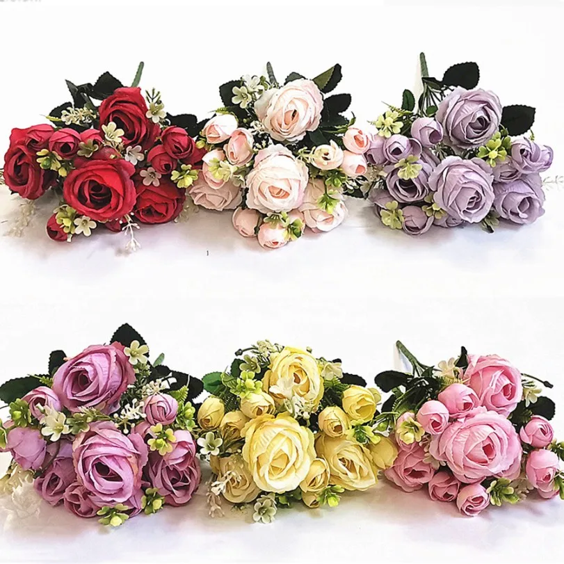 QSLH-W584 decorative flowers available Artificial Mini Rose Flower Bouquet For Wedding Decoration
