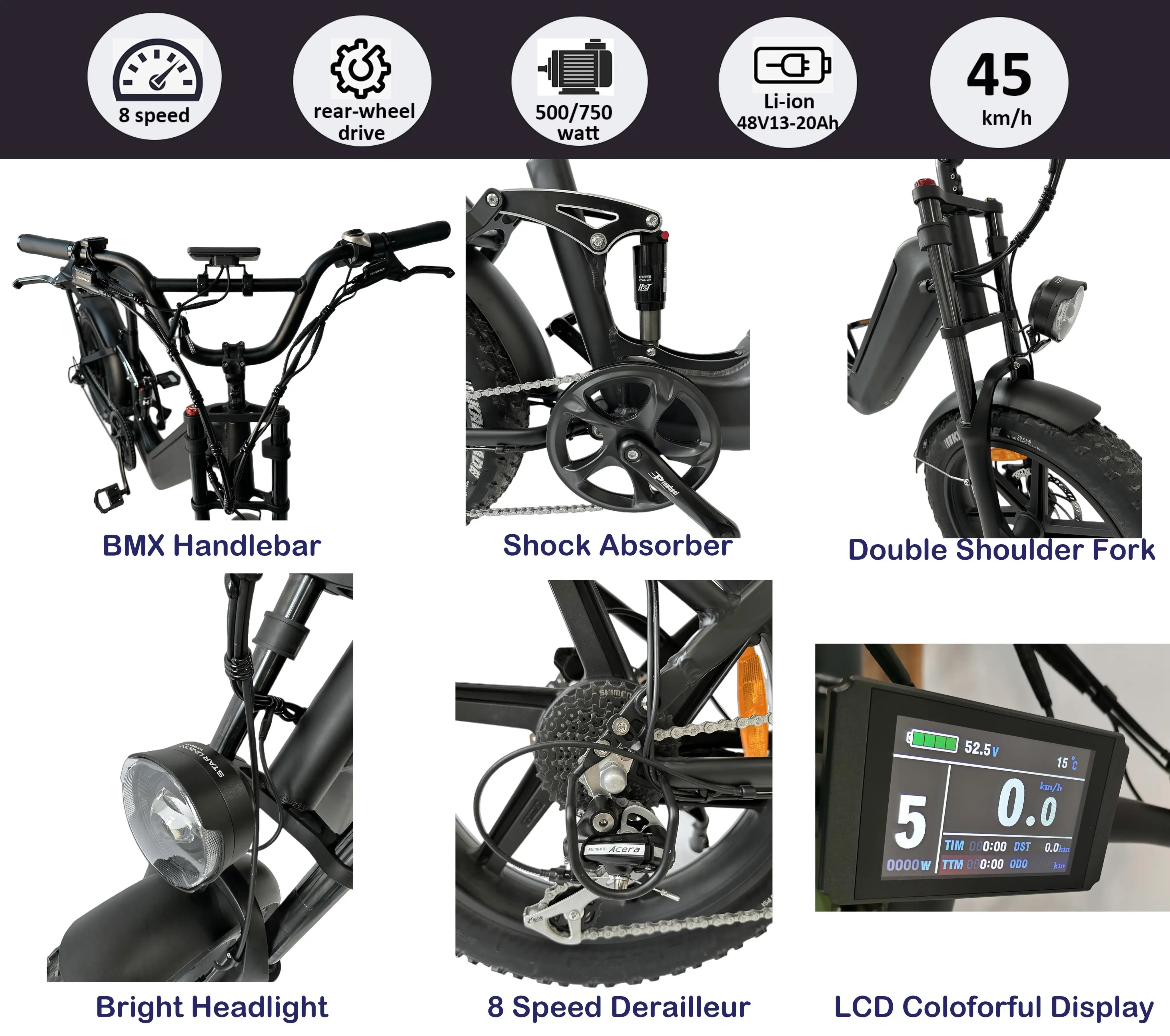 QUEENE Urban Electric Bicycle 20inch Fat Tire E-bike with 500/750W/1000W Power 48V Voltage 25km/h Speed Adult Fatbike