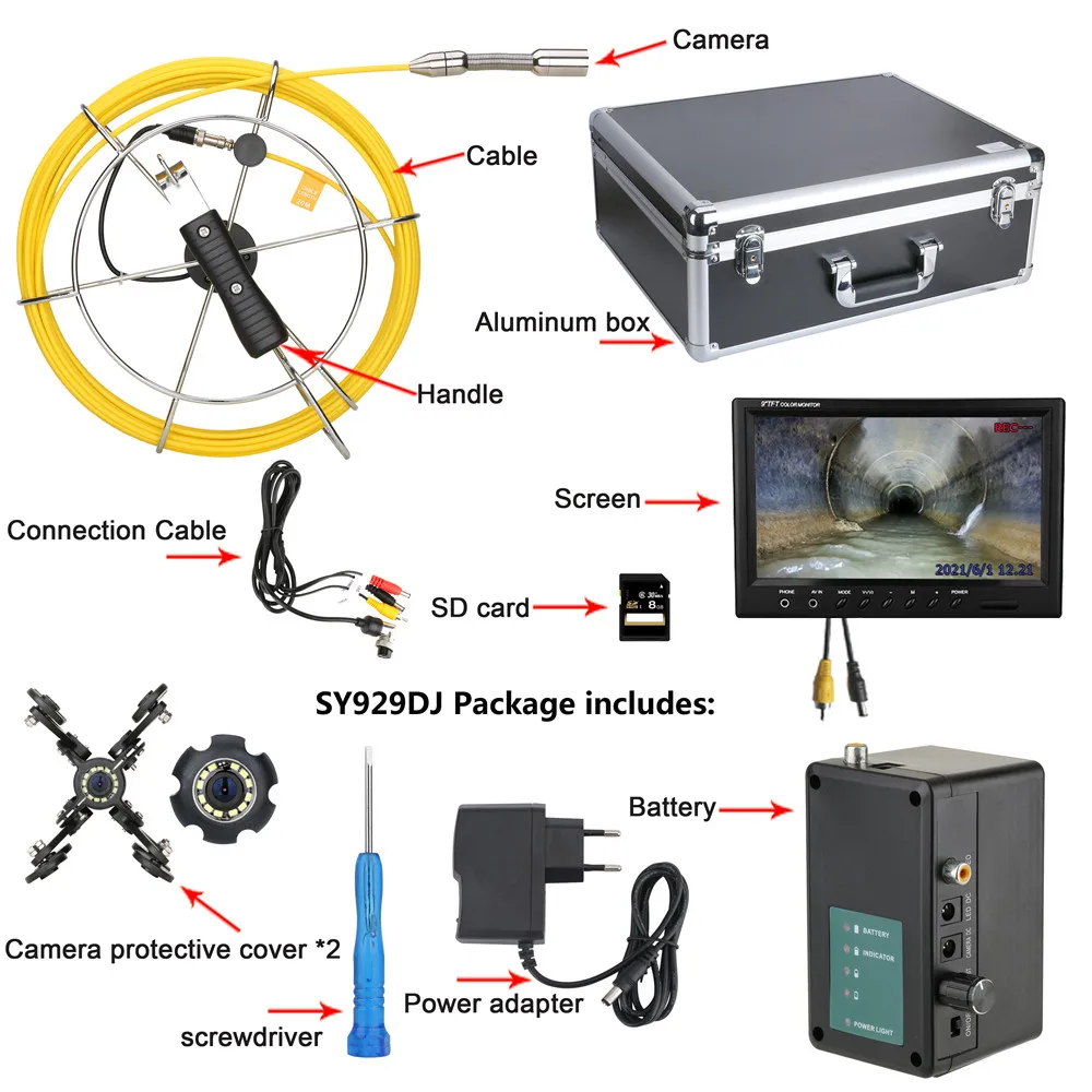 9 Inch 50M Cable with Meter Counter Sewer Pipe Inspection Camera Drain Sewer Pipeline Industrial Endoscope DVR Video Recording