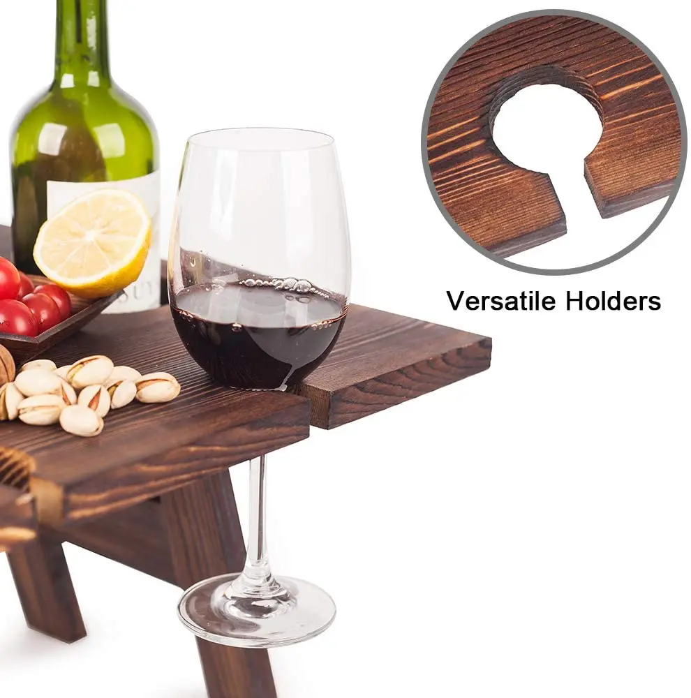 Outdoor Wine Picnic Wooden Table Folding Portable Bamboo Wine Glasses Snack and Cheese Holder Tray for Concerts at Park Beach