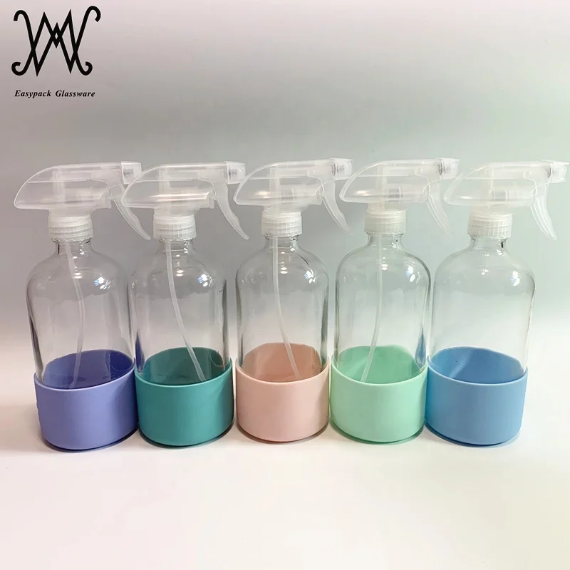 16oz clear amber cobalt blue boston round glass gun spray bottle with silicone sleeve