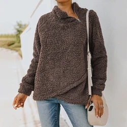 Custom Casual Women Sweaters Zipper Turtleneck Irregular Hem Pullover Double Sided Fleece Female Tops Jumper