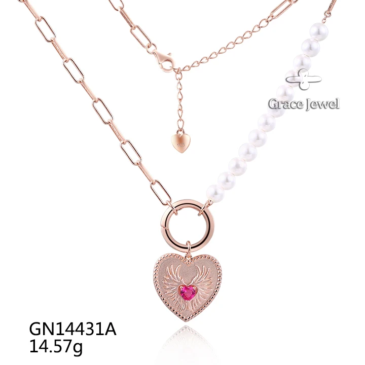 Grace Jewelry Freshwater Pearls Rose Gold Plated Wings Heart Pendant Couple Jewelry Girls Necklace for Women