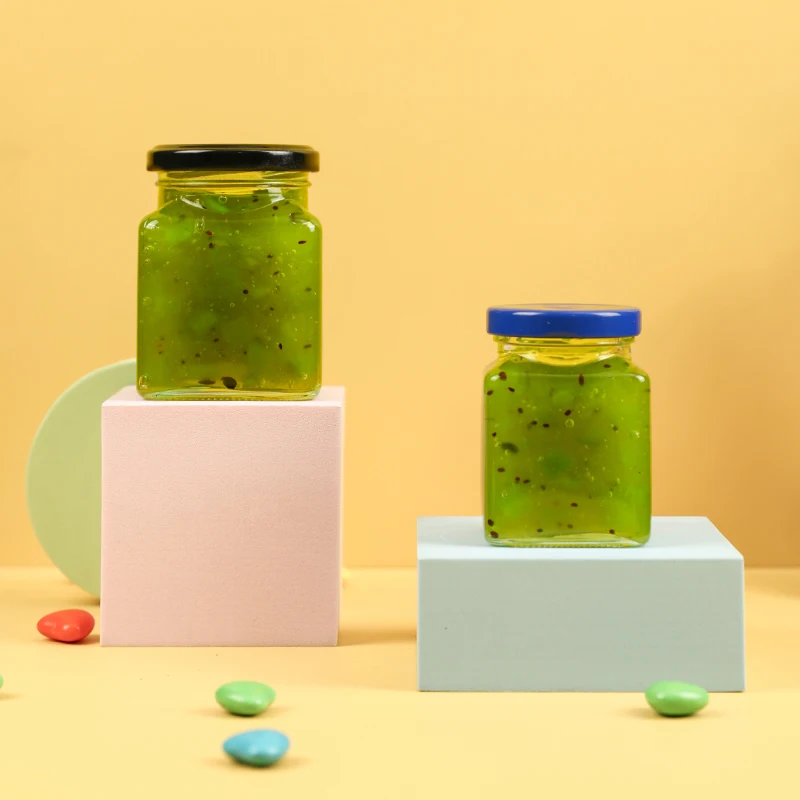 100ml 200ml Cubic Square Wide Mouth Blue Metal Lid Seafood Storage Container Glass Caviar Jar Wholesale