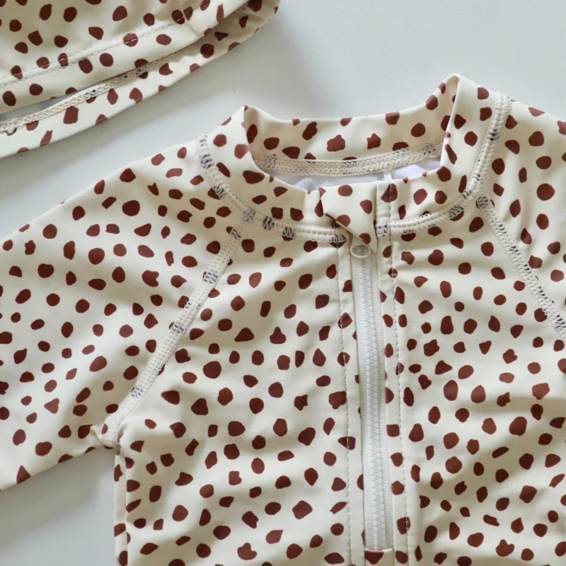 Long Sleeves Sun Protection Zip Front Adjust Up And Down Children Swimsuit With Hat Small Spots Leggy Look Bikini Girl Swimwear