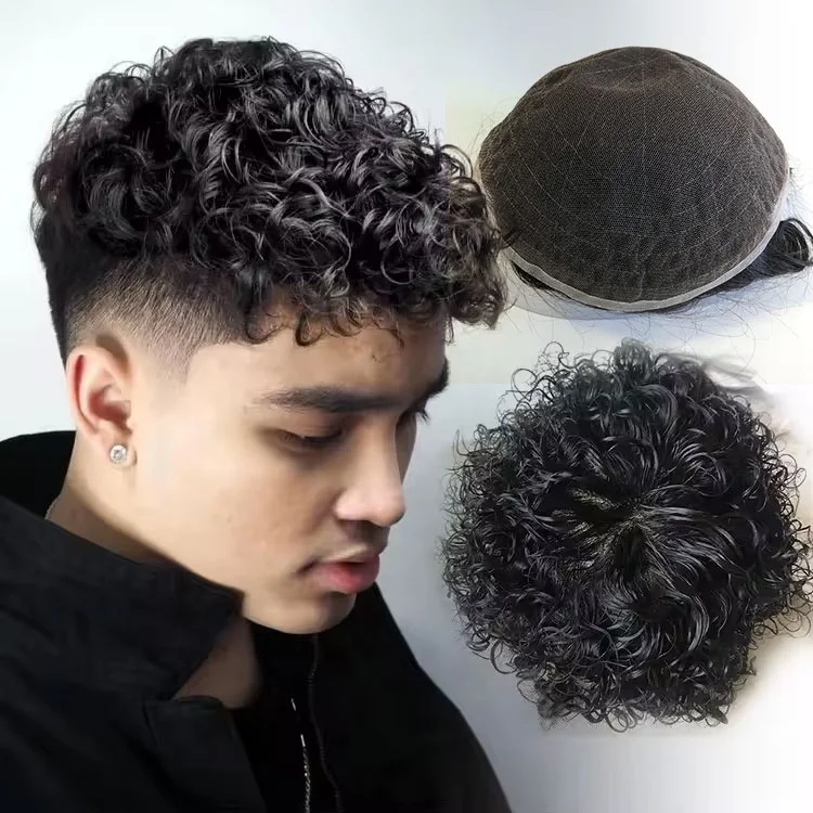 Custom Nature Hairline Men Human Hair Prosthesis Swiss Lace Combined Patch Toupee INDIAN Hair Curly Wave Free Style men toupee