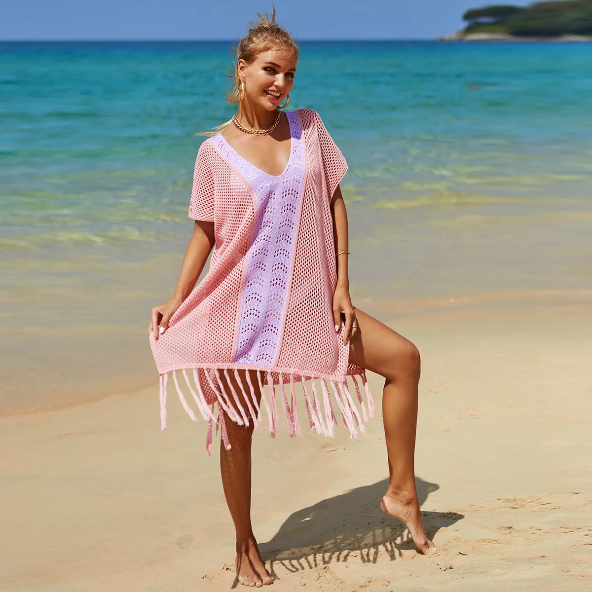 2023 summer new beach blouse hollowed-out knitted fringe holiday bikini blouse crochet top