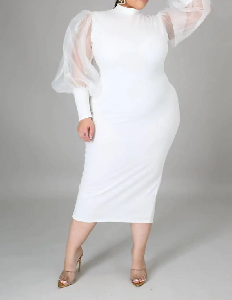Plus size women long sheer sleeve  mock neck back zipper closure stretch dress STPSD009