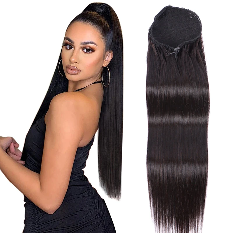 Wholesale 18 Inch Natural Virgin Raw Straight Pony Tail Drawstring Human Hair Extensions Ponytail
