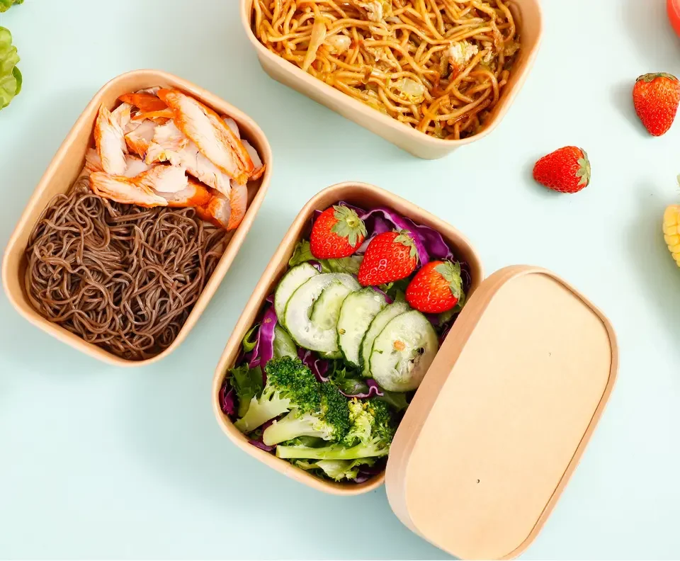 Eco Friendly Disposable Rectangular Square Kraft Paper Salad Bowl Take Away Food Container Microwavable Rectangular Paper Bowl