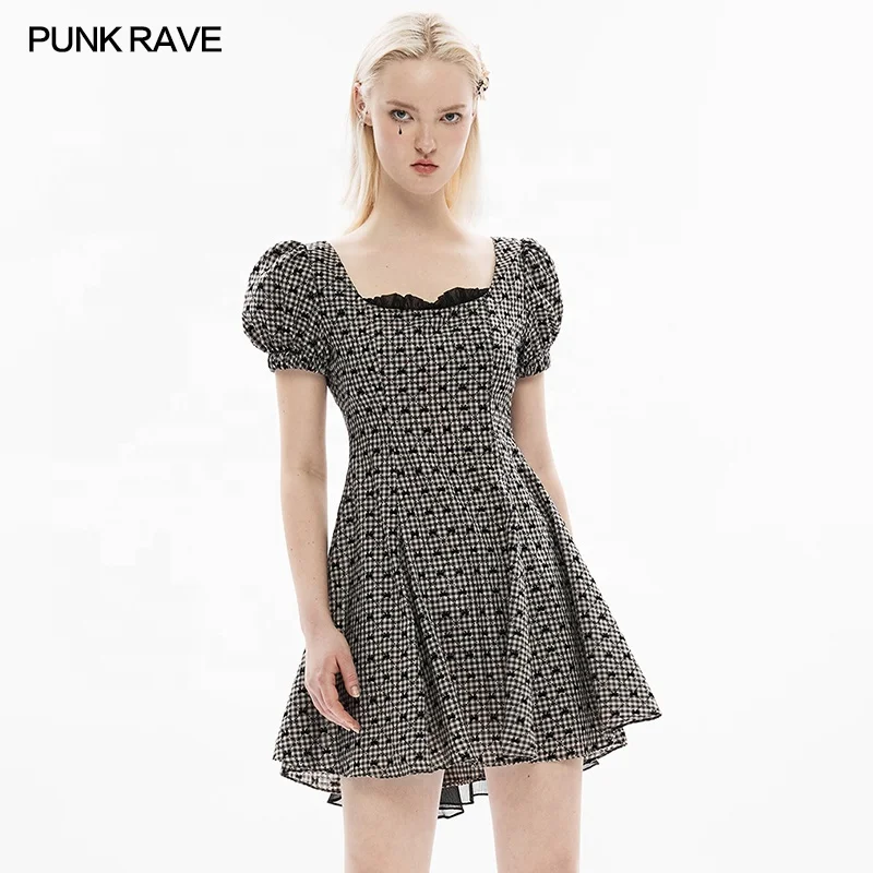 PUNK RAVE OPQ-1229LQF summer A line bubble short sleeves winged translucent chiffon elastic band princess cute plaid dress