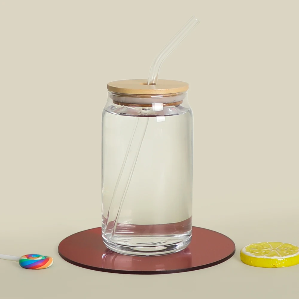 Custom Wholesale Cute Tumbler 16 oz Can Shaped Clear Printed Coffee Glass Cup Sublimation Mug With Straw And Lid